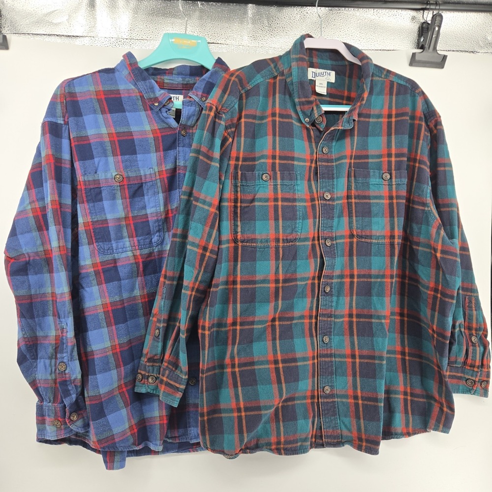 2 Duluth Trading Flannel Shirts Men's  Blue Red Button Up Plaid Relaxed Fit 3X